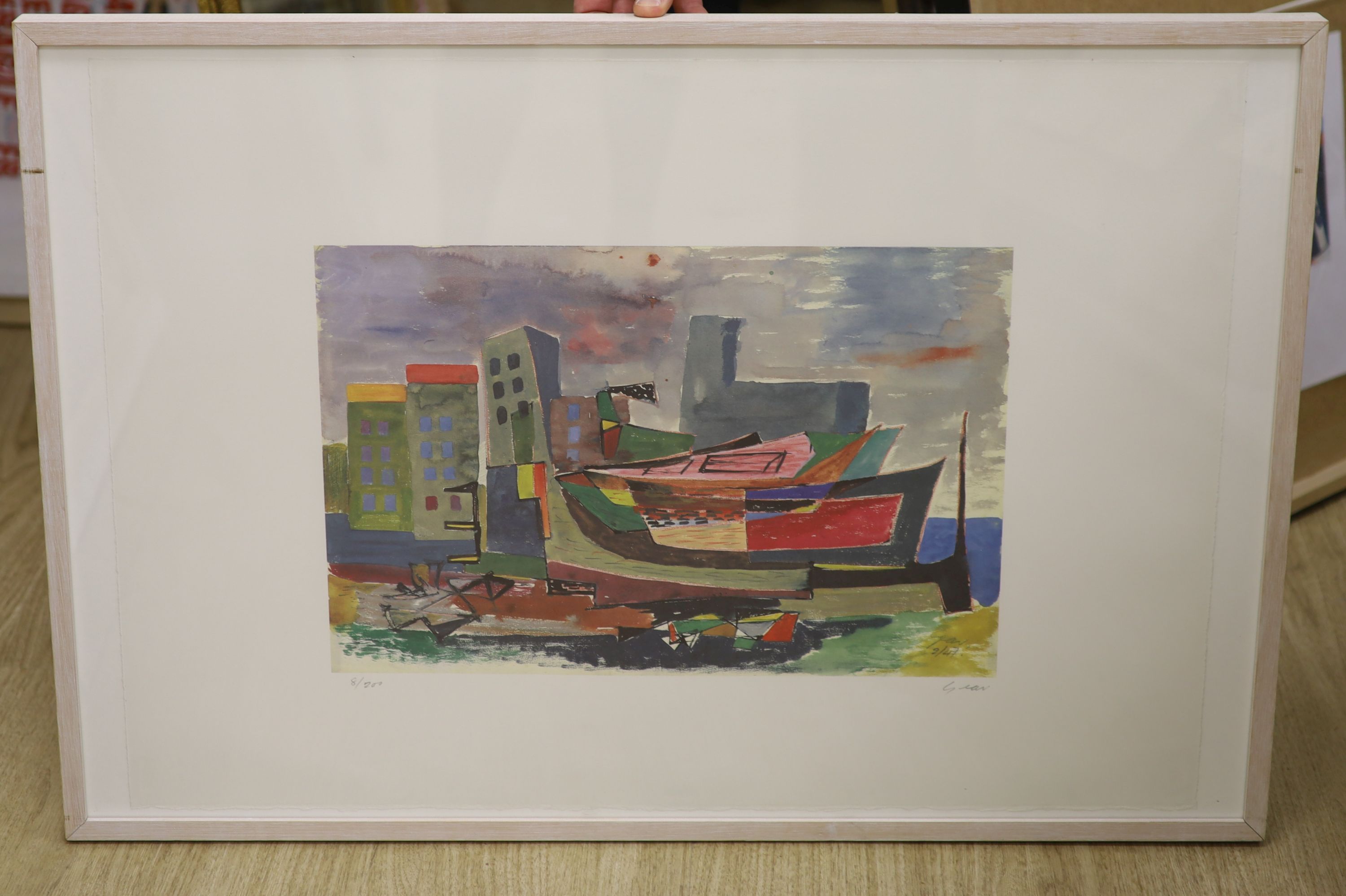 William Gear RA (1915-1997), offset lithograph in colours, Boats and Buildings, 1947, 29.5 x 44cm